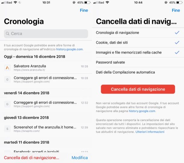 Cancella cronologia