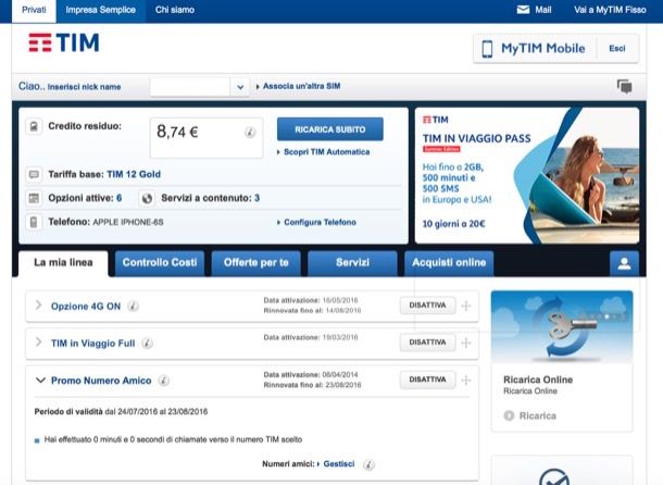 Credito residuo TIM