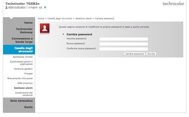 Screenshot che mostra come cambiare password al modem