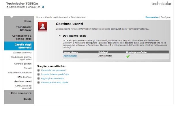 Screenshot che mostra come cambiare password al modem