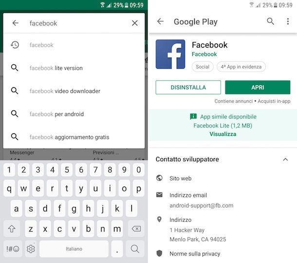 App Facebook su Play Store 