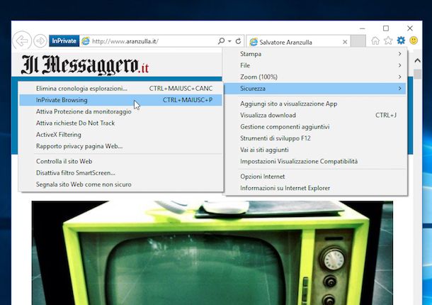 Navigazione incognito Internet Explorer
