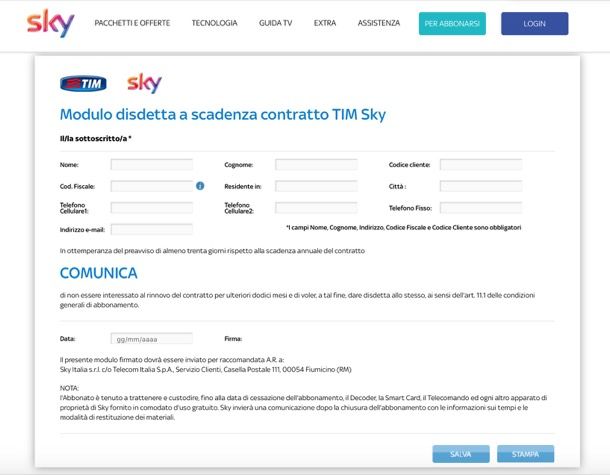 disdetta sky moduli da