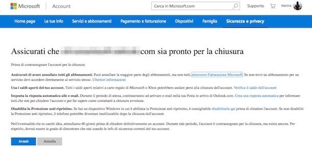 Screenshot che mostra come chiudere account Hotmail