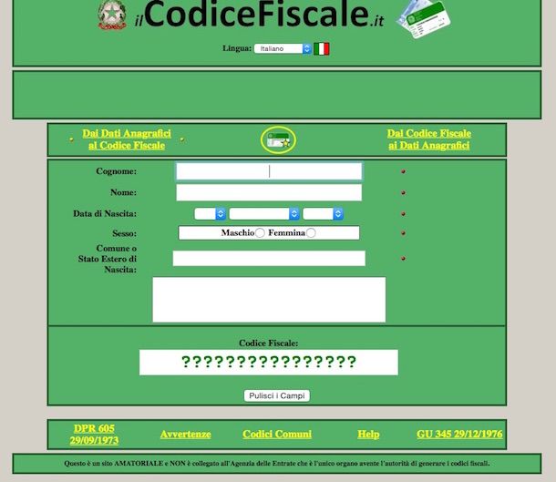Screenshot che mostra come risalire al codice fiscale online
