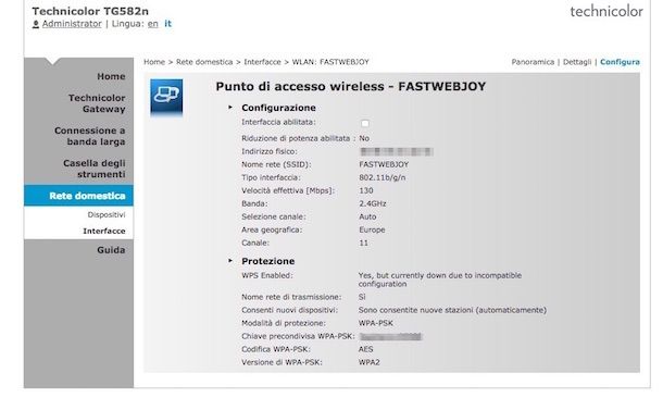 Screenshot che mostra come cambiare password WiFi
