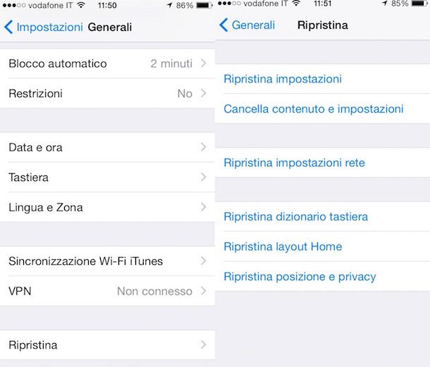 Screenshot che mostra la sezione Impostazioni di iPhone