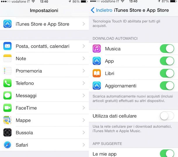 Screenshot che mostra le impostazioni di iOS