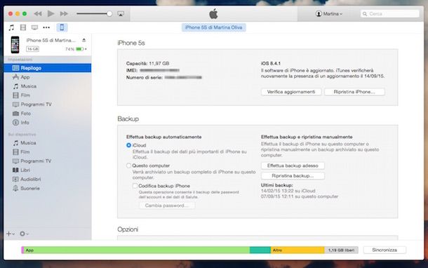 Screenshot che mostra come controllare IMEI da iTunes