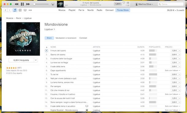 Screenshot che mostra come scaricare musica da iTunes