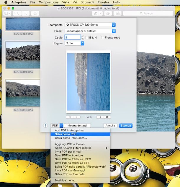 Screenshot che mostra come creare PDF da immagini con Anteprima su Mac