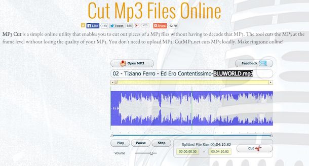 Screenshot che mostra come tagliare musica online