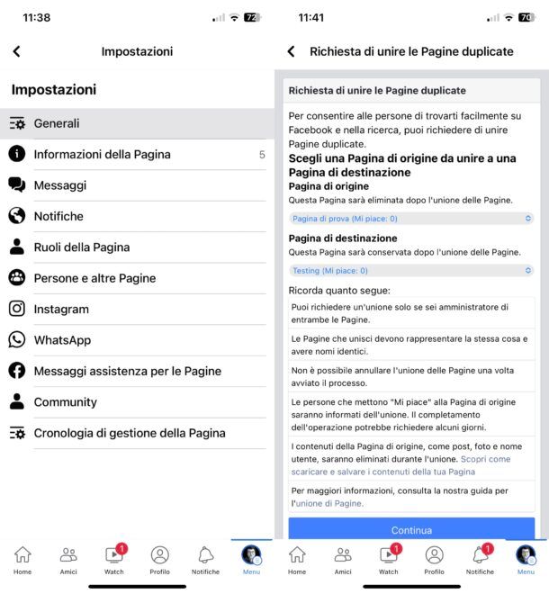 Come unire pagine Facebook da mobile