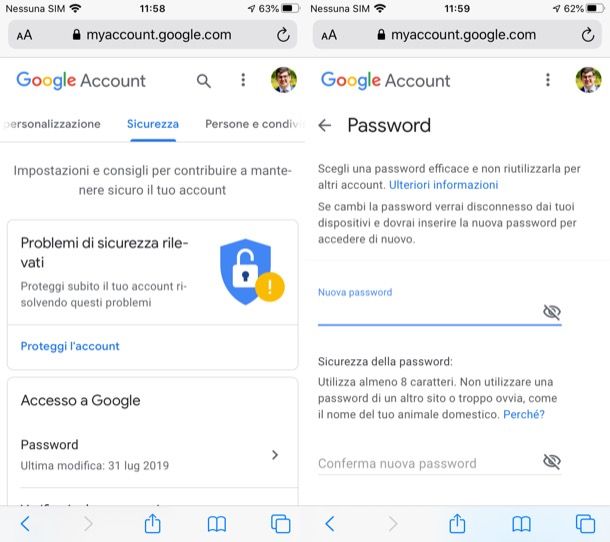 Cambiare password Google su iPhone