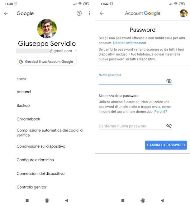 Cambiare password Google Android