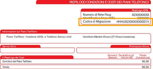 Immagine della fattura Vodafone con codice di migrazione