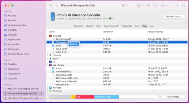 Eliminare file da iPhone su Mac