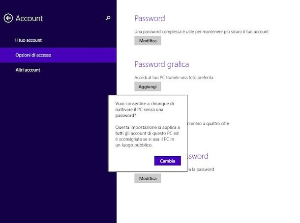 Come togliere la password da Windows 8