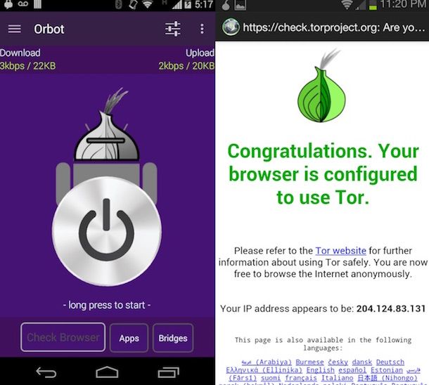 Screenshot che mostra come accedere al Deep Web da Android