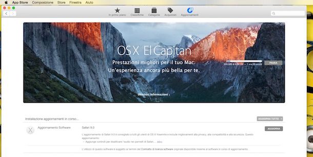 Screenshot che mostra il download di OS X El Capitan da Mac App Store