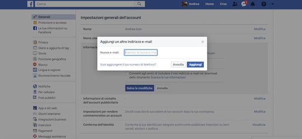 Cambiare email Facebook da computer