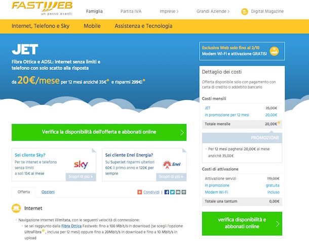Screenshot del sito Internet di Fastweb