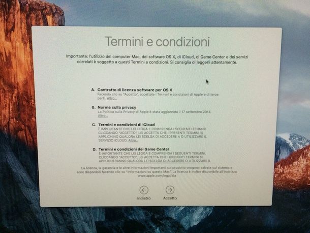 Screenshot che mostra l'installazione di OS X El Capitan