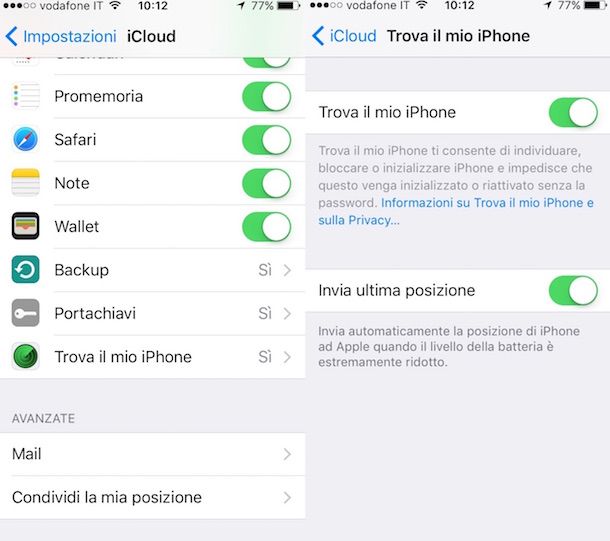 Screenshot Impostazioni iPhone