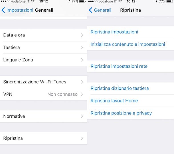 Screenshot Impostazioni iPhone