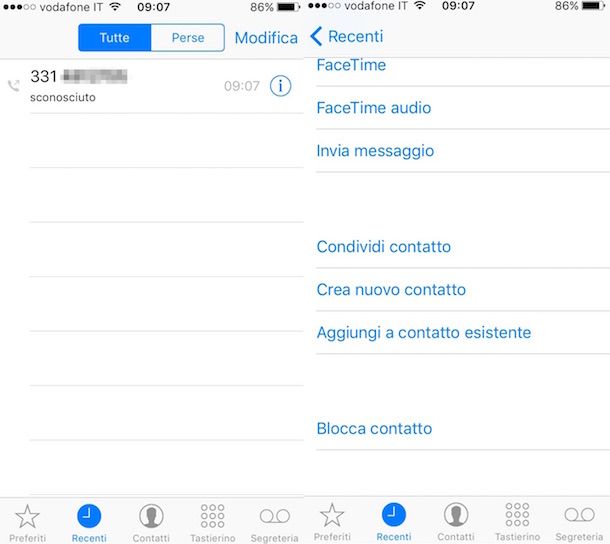 Screenshot che mostra come bloccare un numero di telefono a iPhone