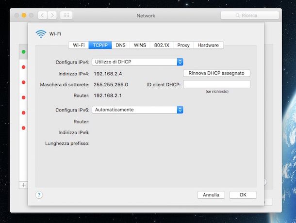 Screenshot della sezione Network del Mac