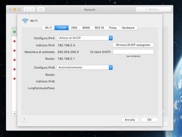 Screenshot della sezione Network del Mac