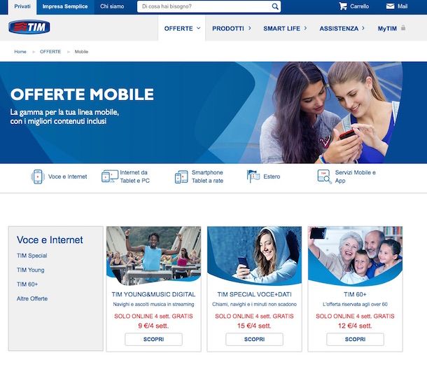 Screenshot del sito Internet di TIM