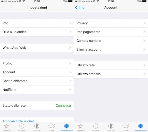 Screenshot delle impostazioni di WhatsApp