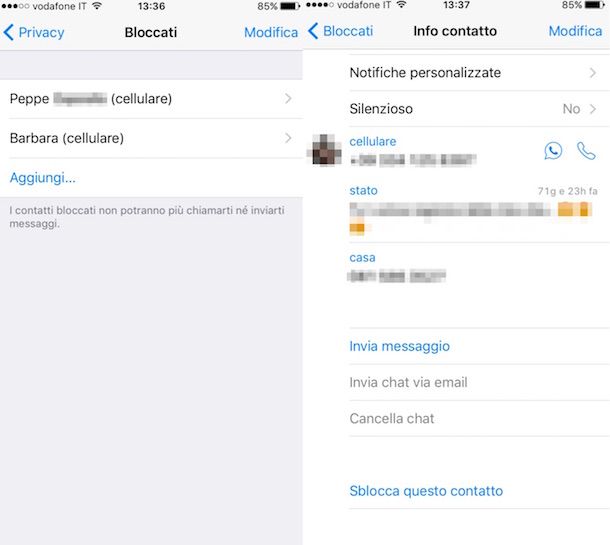 Screenshot delle impostazioni di WhatsApp