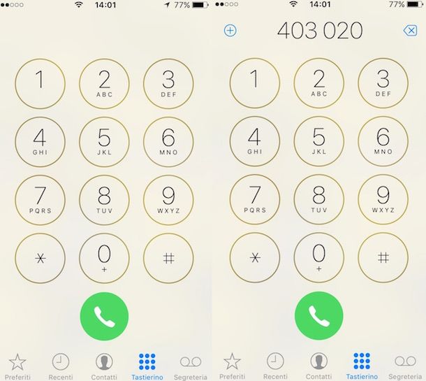 Screenshot del dialer di iPhone