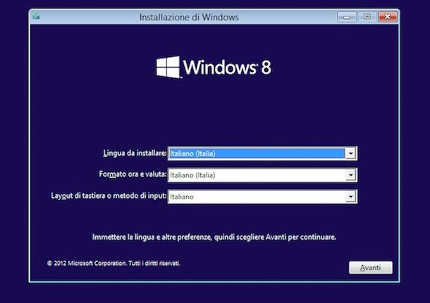 Screenshot dell'installazione di Windows 8