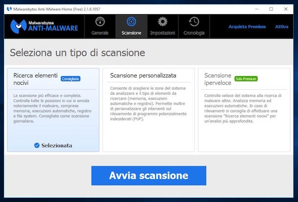 Screenshot di Malwarebytes Antimalware