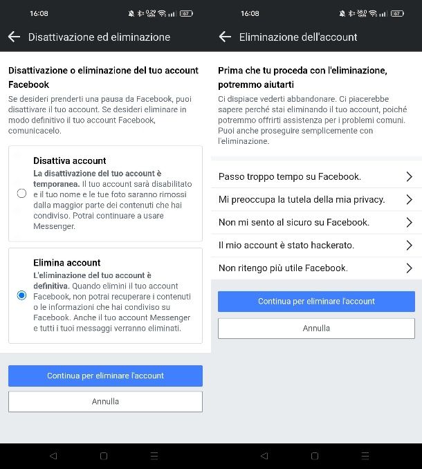 Cancellare profilo Facebook da app