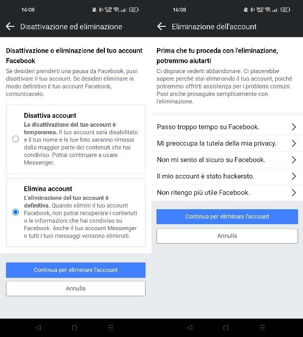 Cancellare profilo Facebook da app