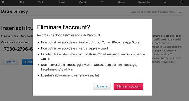 Eliminare account Apple