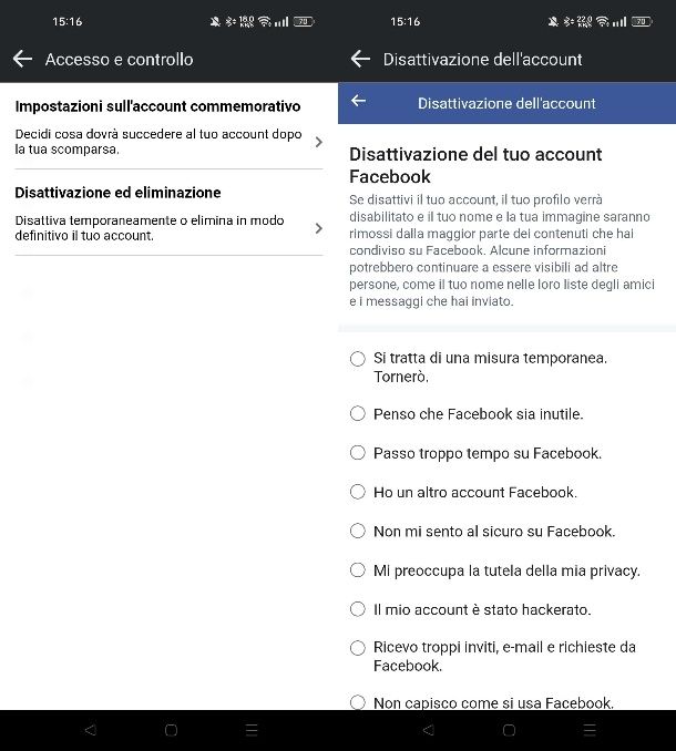 Come chiudere account Facebook temporaneamente