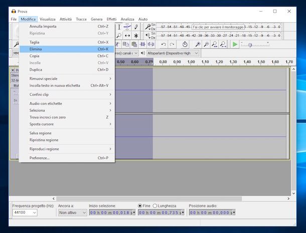 Screenshot del software Audacity su Windows
