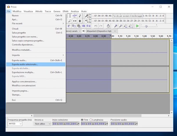 Screenshot del software Audacity su Windows