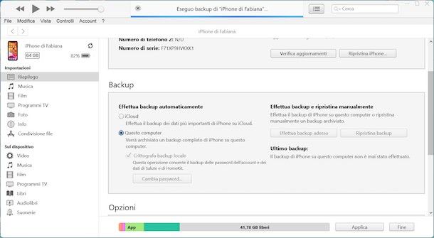 Usare iTunes per eseguire backup iPhone