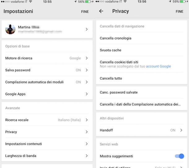 Screenshot di Google Chrome su iOS