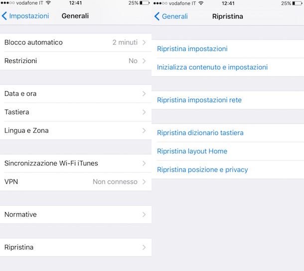 Screenshot delle impostazioni di iPhone