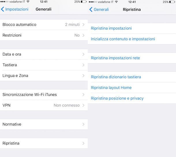 Screenshot delle impostazioni di iPhone