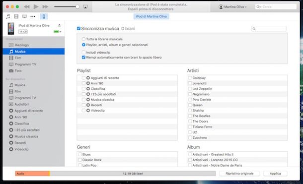 Screenshot di iTunes con iPod