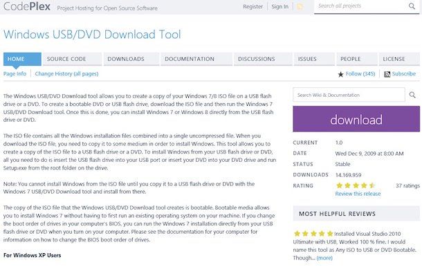 Screenshot del sito di Windows 7 USB/DVD Download tool